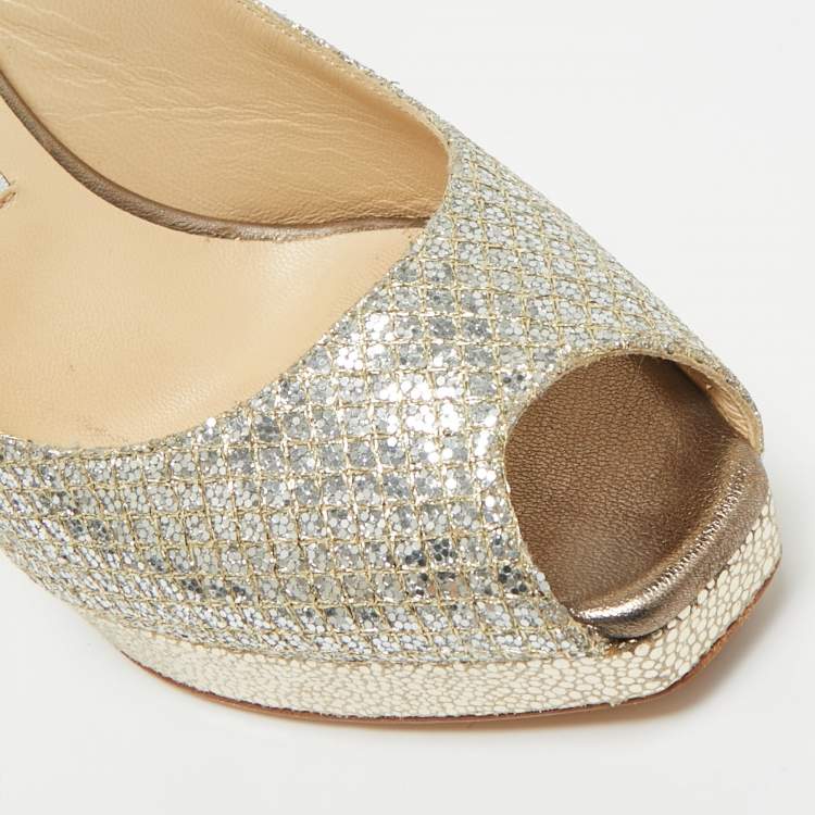 Pre Owned Jimmy Choo Gold Glitter Accents Peep Toe Slingback Pumps Size 36