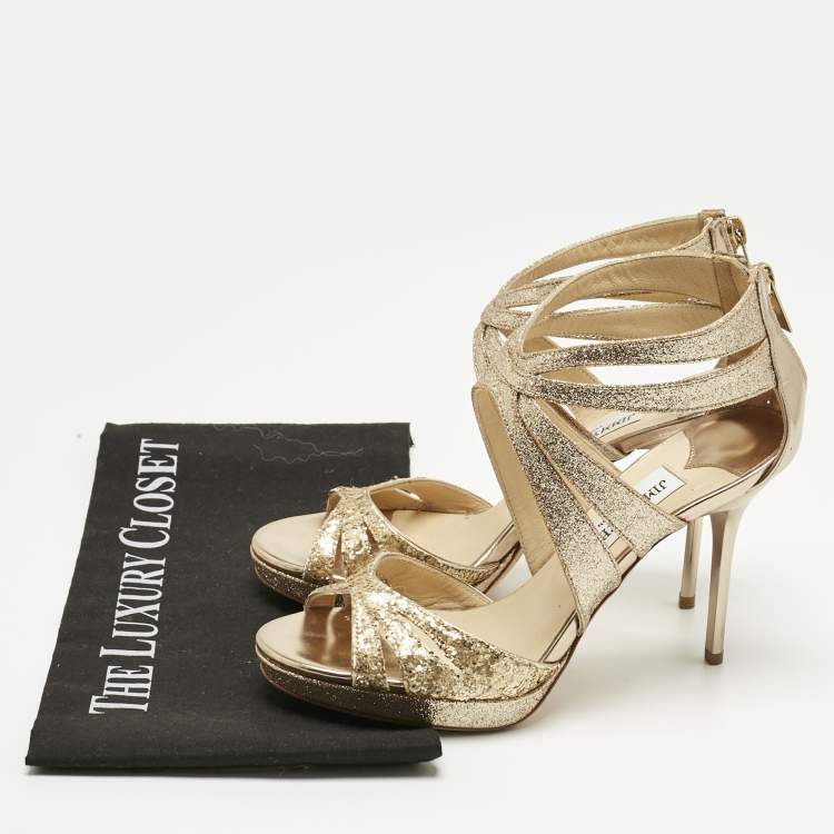 Pre Owned Jimmy Choo Gold Glitter and Leather Strappy Sandals Size 35.5