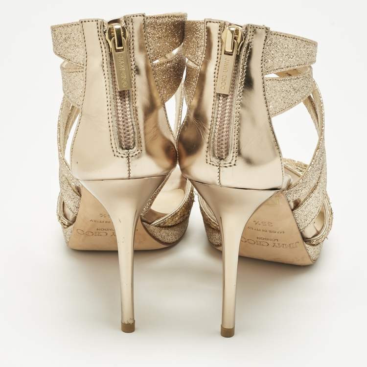 Pre Owned Jimmy Choo Gold Glitter and Leather Strappy Sandals Size 35.5