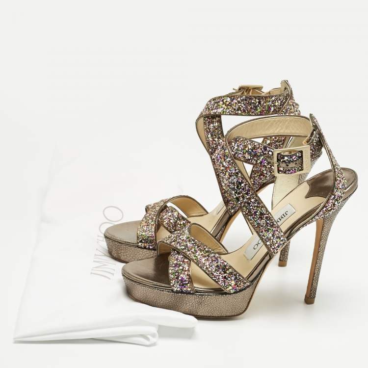 Pre Owned Jimmy Choo Multicolor Glitter and Leather Platform Ankle Strap Sandals Size 36