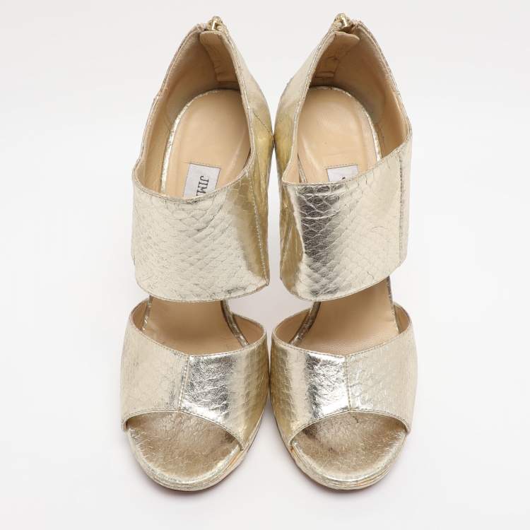 Pre Owned Jimmy Choo Gold Python Embossed Leather Private Peep Toe Sandals  Size 38