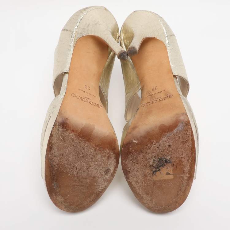 Pre Owned Jimmy Choo Gold Python Embossed Leather Private Peep Toe Sandals  Size 38