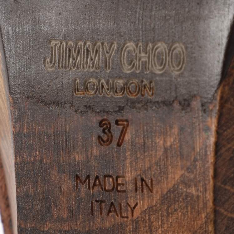 Pre Owned Jimmy Choo Brown/Gold Leather and Suede Henri Wooden Slide Sandals Size 37