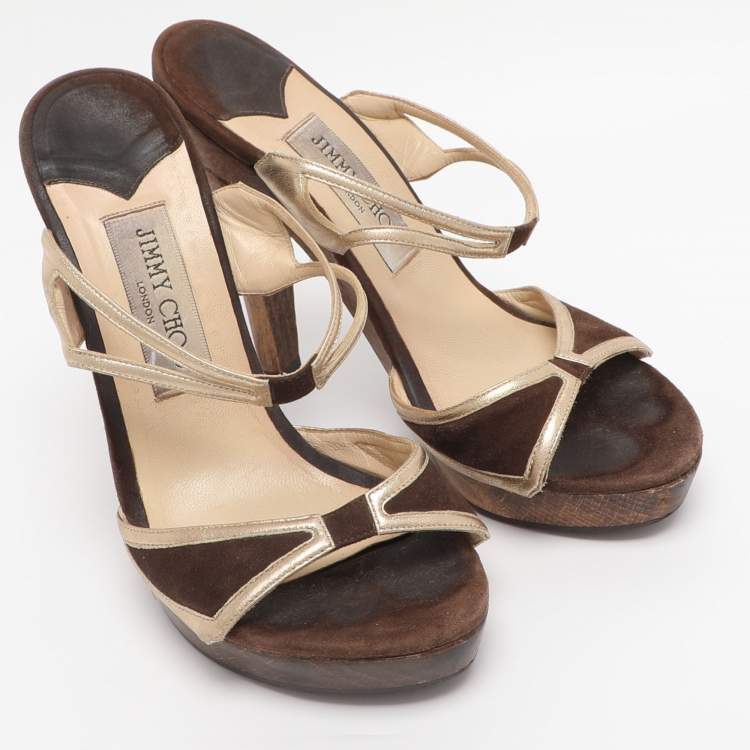 Pre Owned Jimmy Choo Brown/Gold Leather and Suede Henri Wooden Slide Sandals Size 37