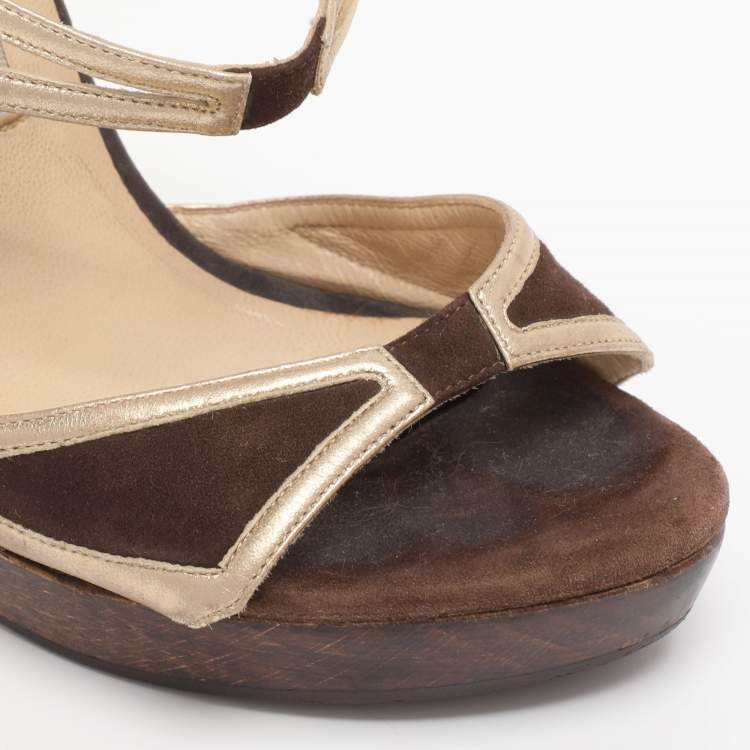 Pre Owned Jimmy Choo Brown/Gold Leather and Suede Henri Wooden Slide Sandals Size 37