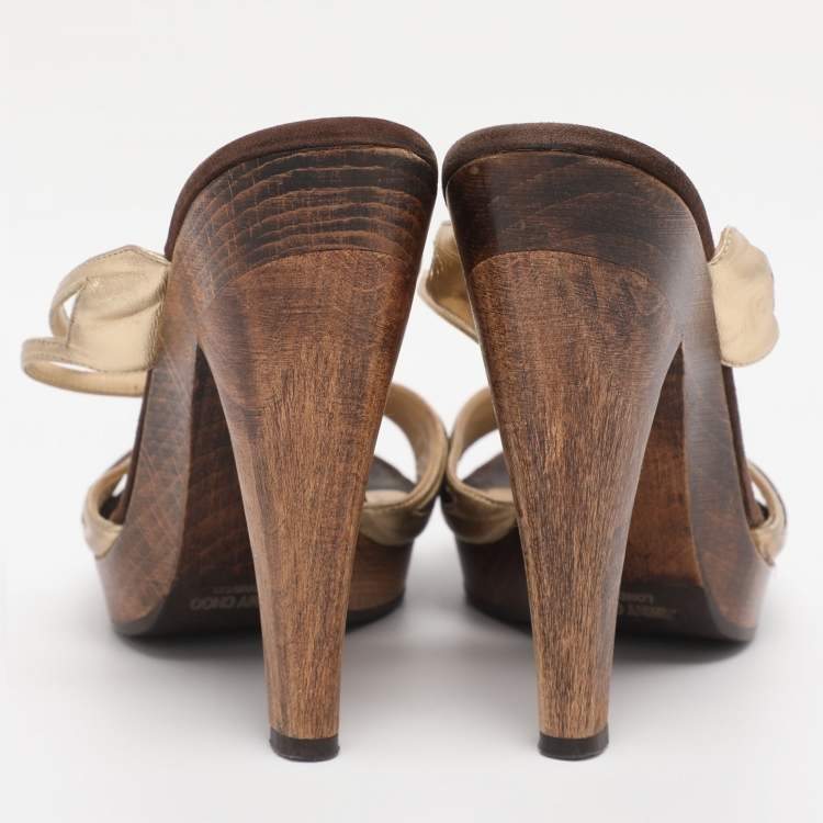 Pre Owned Jimmy Choo Brown/Gold Leather and Suede Henri Wooden Slide Sandals Size 37