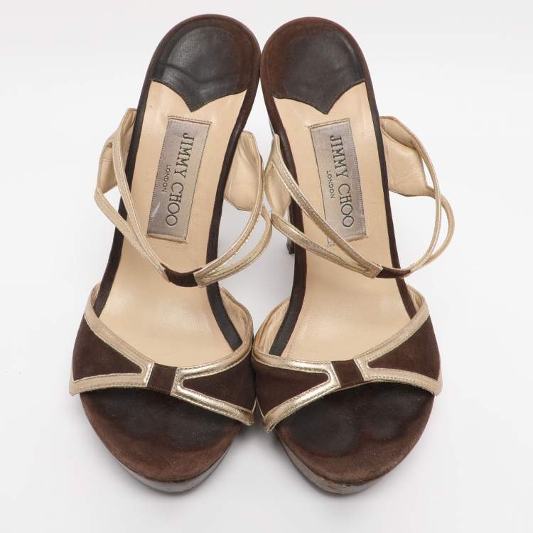 Pre Owned Jimmy Choo Brown/Gold Leather and Suede Henri Wooden Slide Sandals Size 37