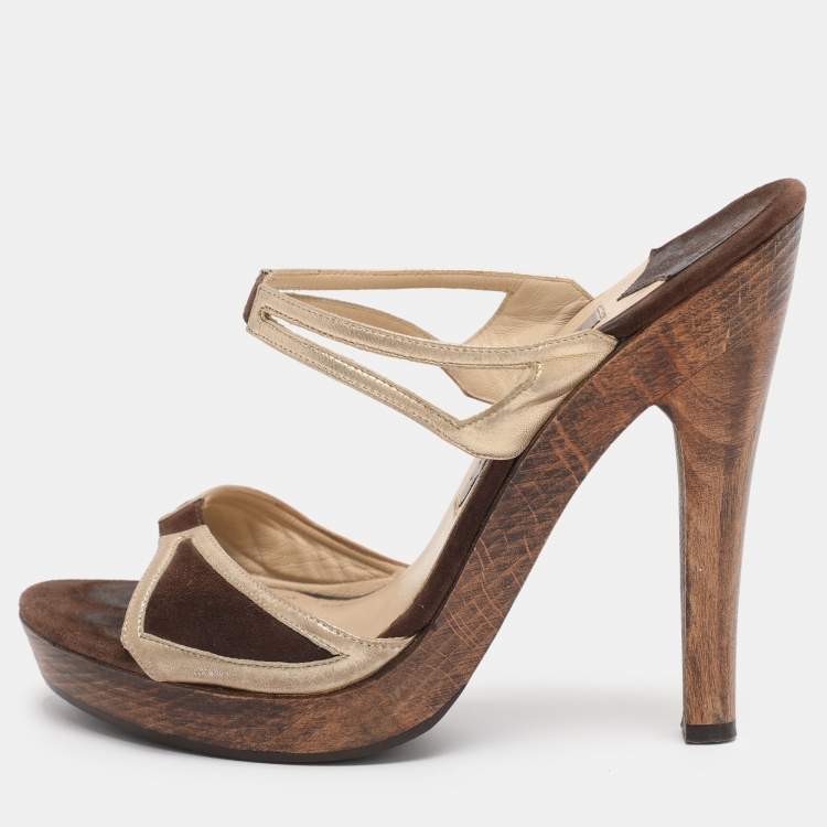 Pre Owned Jimmy Choo Brown/Gold Leather and Suede Henri Wooden Slide Sandals Size 37