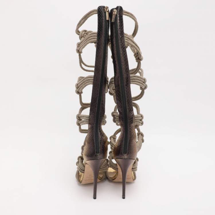 Pre Owned Jimmy Choo Gold/Beige Snake And Knot Rope Kanoder Knee Length Boots 38