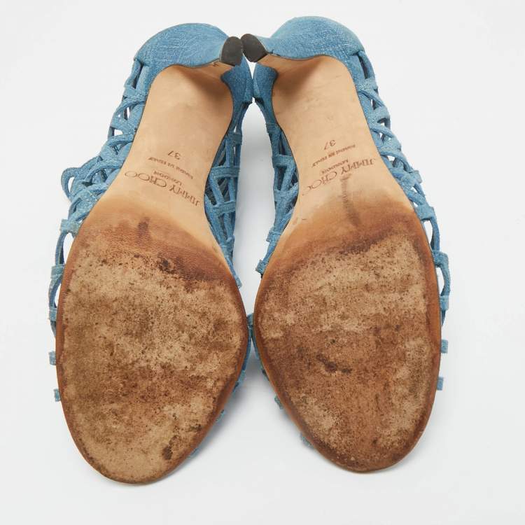 Pre Owned Jimmy Choo Blue Denim Dassa Peep Toe Cage Ankle Boots Size 37