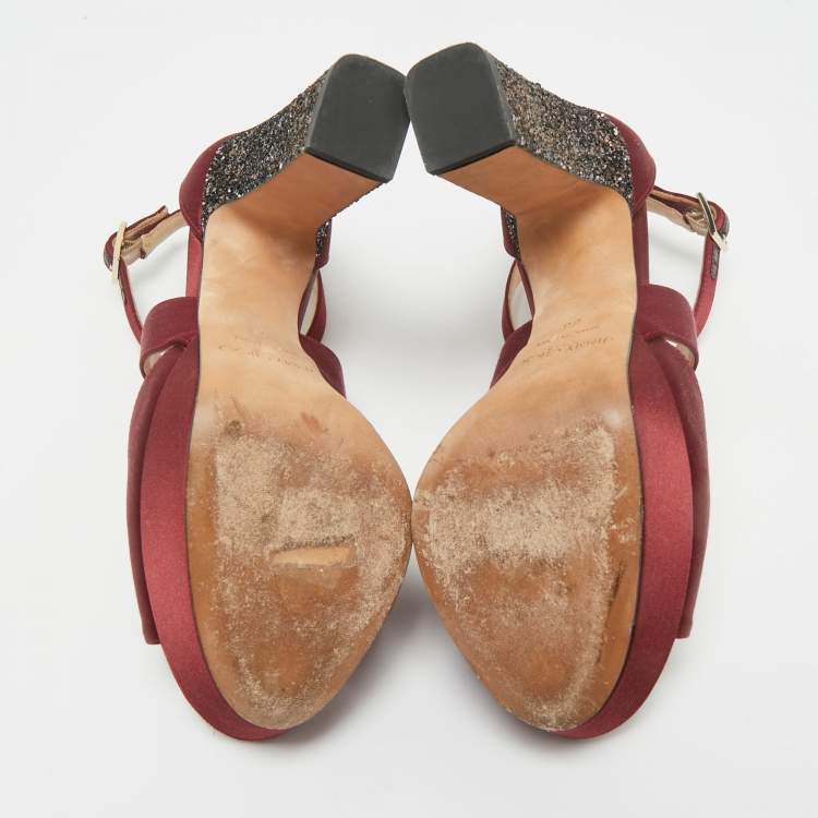 Pre Owned Jimmy Choo Burgundy Satin and Glitter April Platform Sandals Size 38