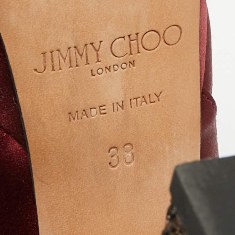 Pre Owned Jimmy Choo Burgundy Satin and Glitter April Platform Sandals Size 38