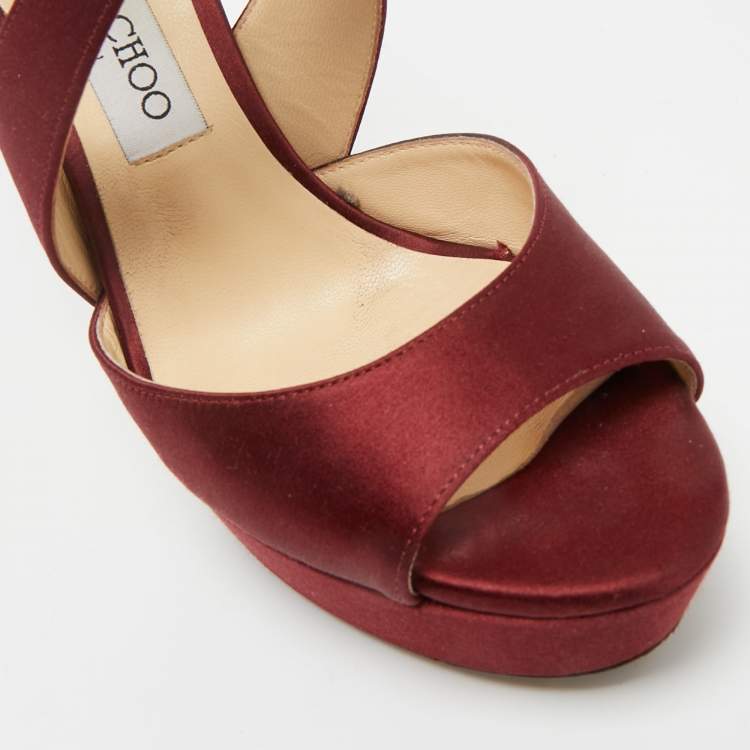Pre Owned Jimmy Choo Burgundy Satin and Glitter April Platform Sandals Size 38
