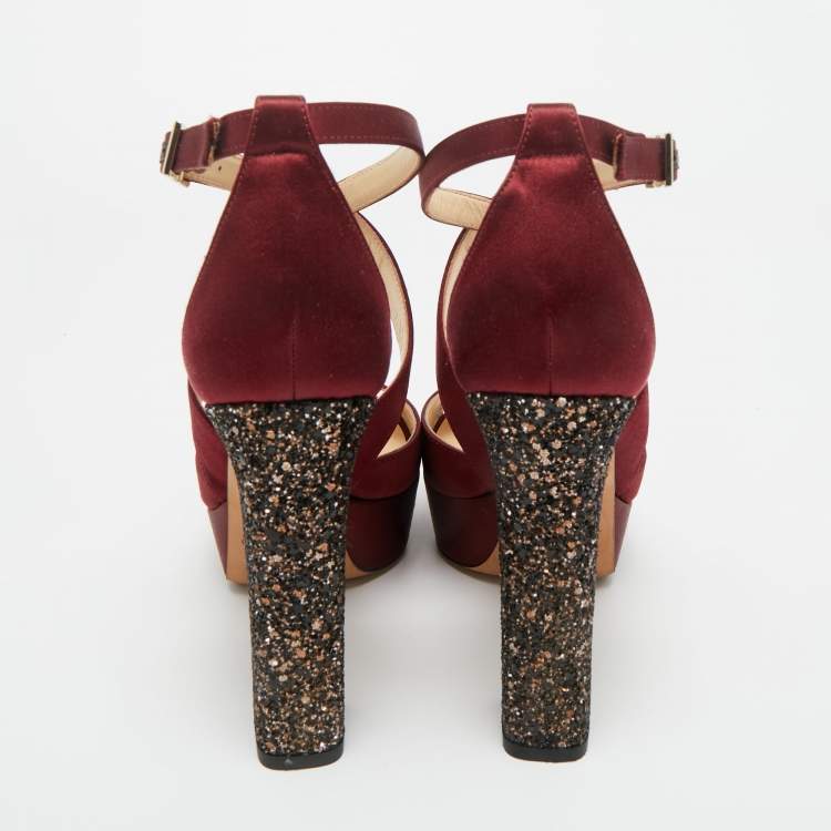 Pre Owned Jimmy Choo Burgundy Satin and Glitter April Platform Sandals Size 38