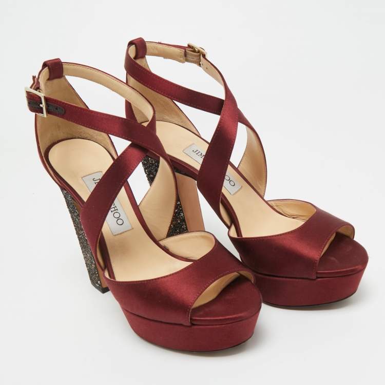 Pre Owned Jimmy Choo Burgundy Satin and Glitter April Platform Sandals Size 38