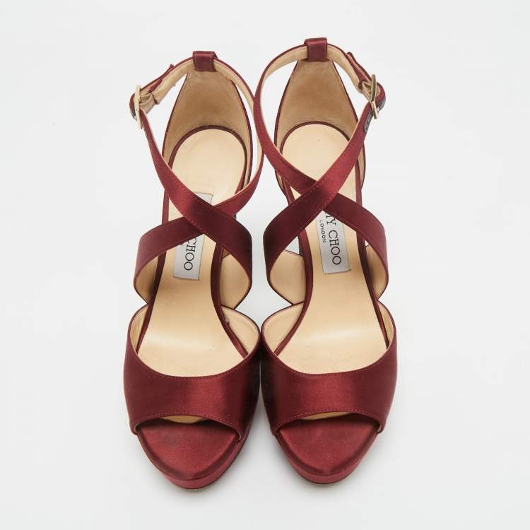 Pre Owned Jimmy Choo Burgundy Satin and Glitter April Platform Sandals Size 38