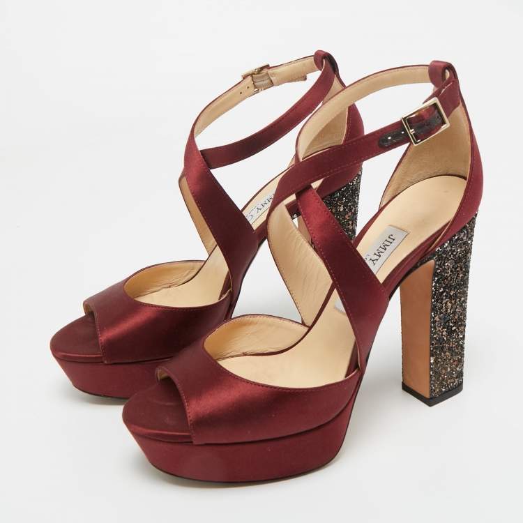 Pre Owned Jimmy Choo Burgundy Satin and Glitter April Platform Sandals Size 38