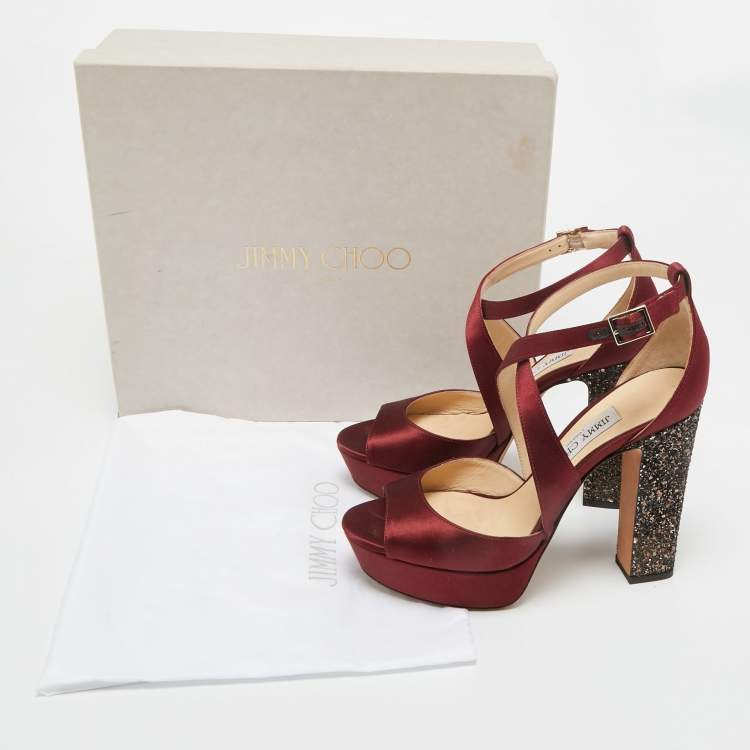 Pre Owned Jimmy Choo Burgundy Satin and Glitter April Platform Sandals Size 38