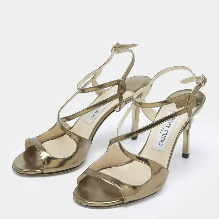 Pre Owned Jimmy Choo Gold Leather Paxton Ankle Strap Sandals Size 36.5
