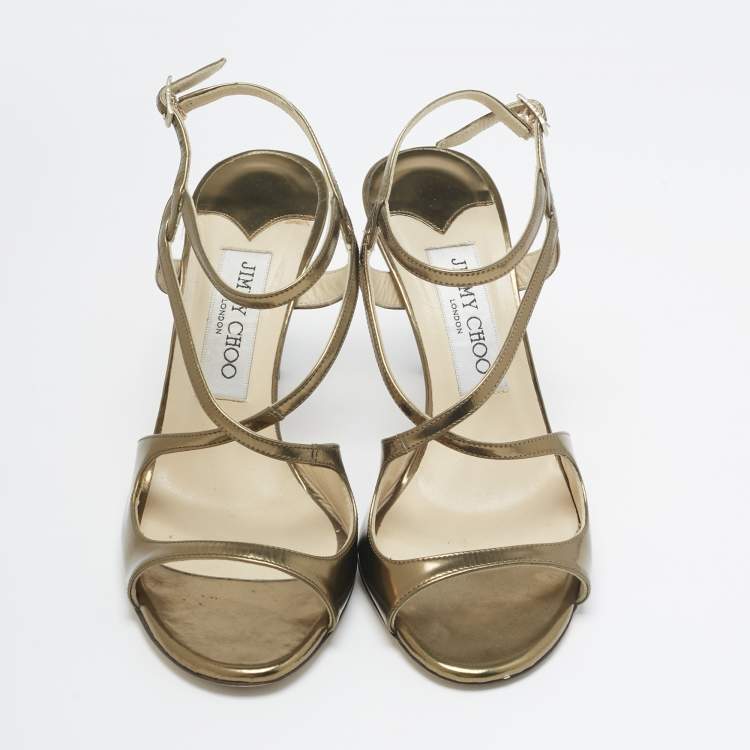 Pre Owned Jimmy Choo Gold Leather Paxton Ankle Strap Sandals Size 36.5