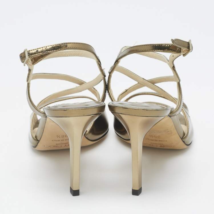 Pre Owned Jimmy Choo Gold Leather Paxton Ankle Strap Sandals Size 36.5
