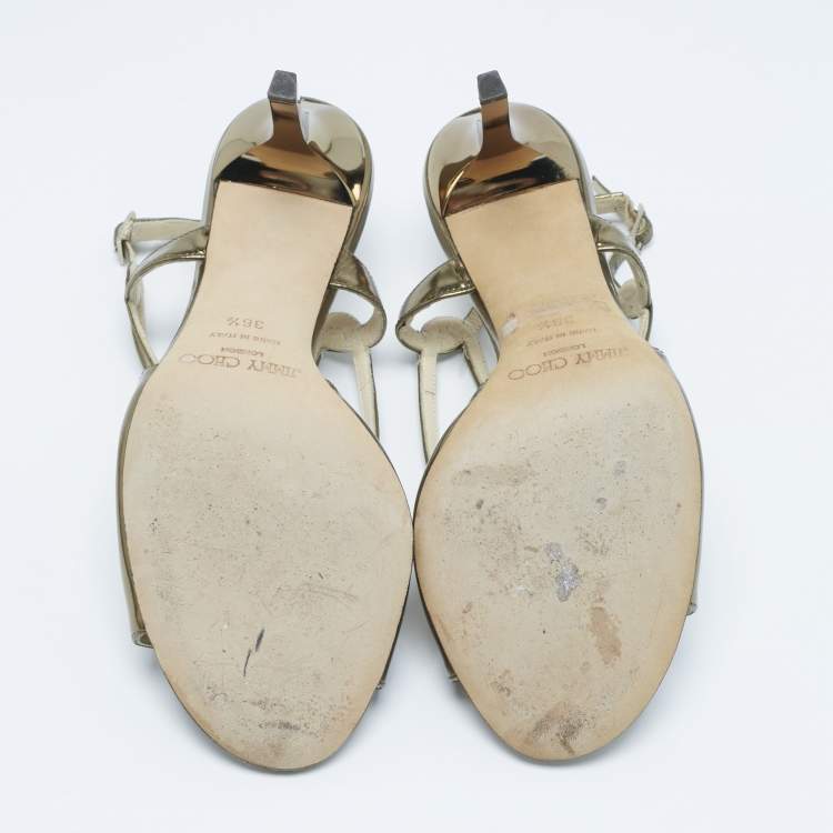 Pre Owned Jimmy Choo Gold Leather Paxton Ankle Strap Sandals Size 36.5