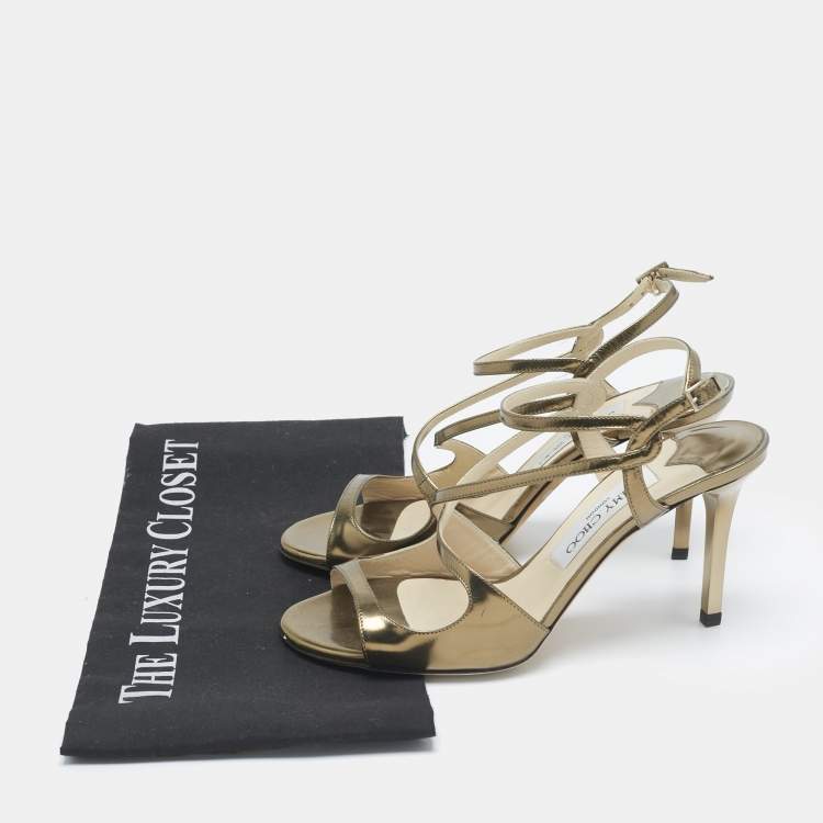 Pre Owned Jimmy Choo Gold Leather Paxton Ankle Strap Sandals Size 36.5