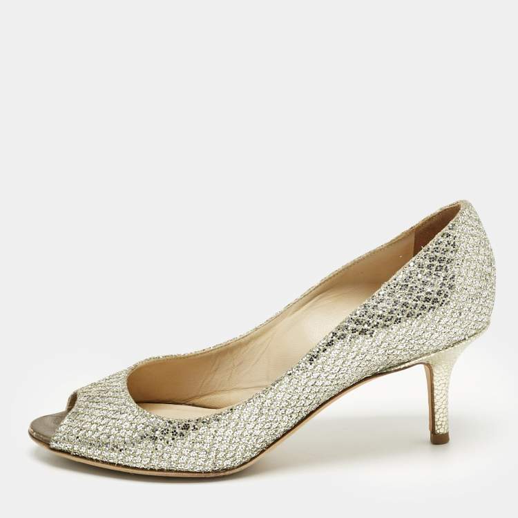 Pre Owned Jimmy Choo Silver Glitter Isabel Peep Toe Pumps Size 35.5
