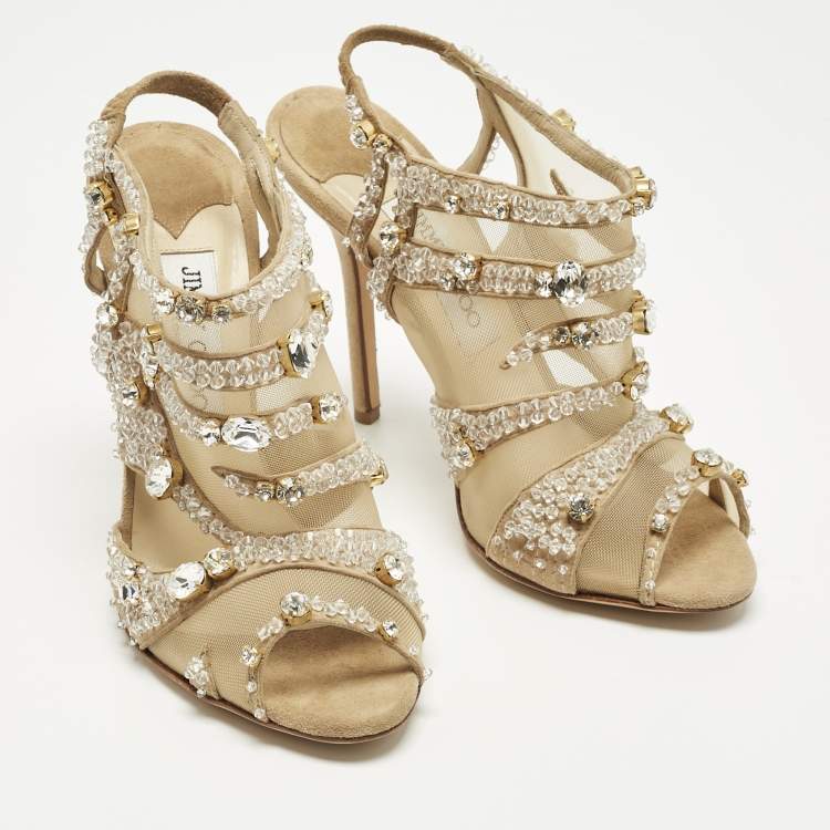 Pre Owned Jimmy Choo Beige Mesh and Suede Crystal Embellished Slingback Sandals Size 37