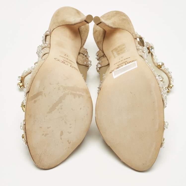 Pre Owned Jimmy Choo Beige Mesh and Suede Crystal Embellished Slingback Sandals Size 37