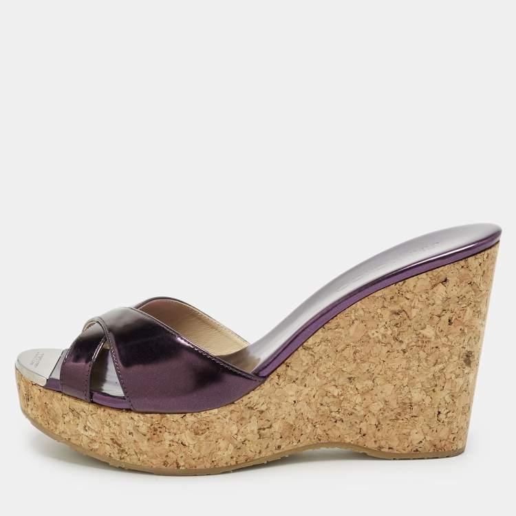 Pre Owned Jimmy Choo Metallic Purple Leather Perfume Wedge Sandals Size 40