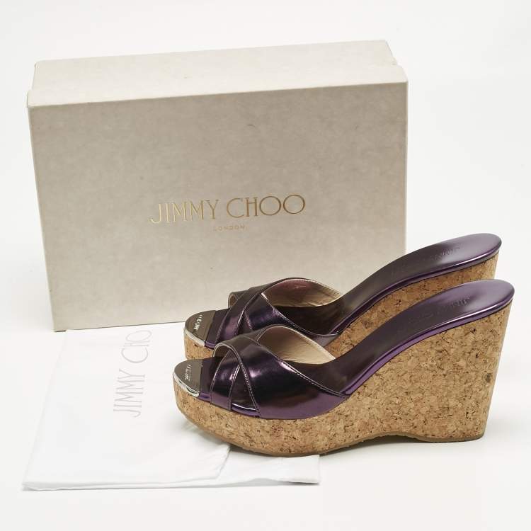 Pre Owned Jimmy Choo Metallic Purple Leather Perfume Wedge Sandals Size 40
