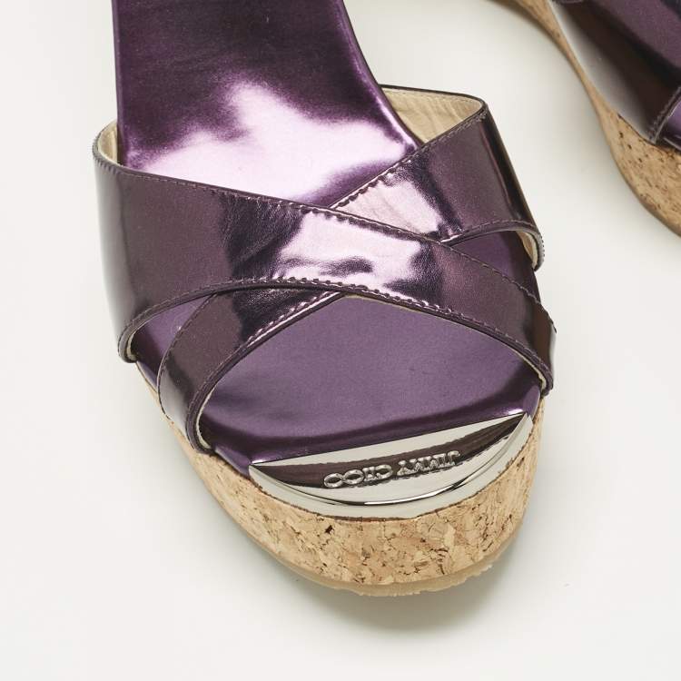 Pre Owned Jimmy Choo Metallic Purple Leather Perfume Wedge Sandals Size 40