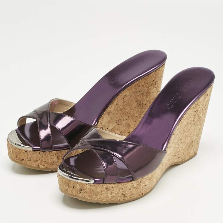 Pre Owned Jimmy Choo Metallic Purple Leather Perfume Wedge Sandals Size 40