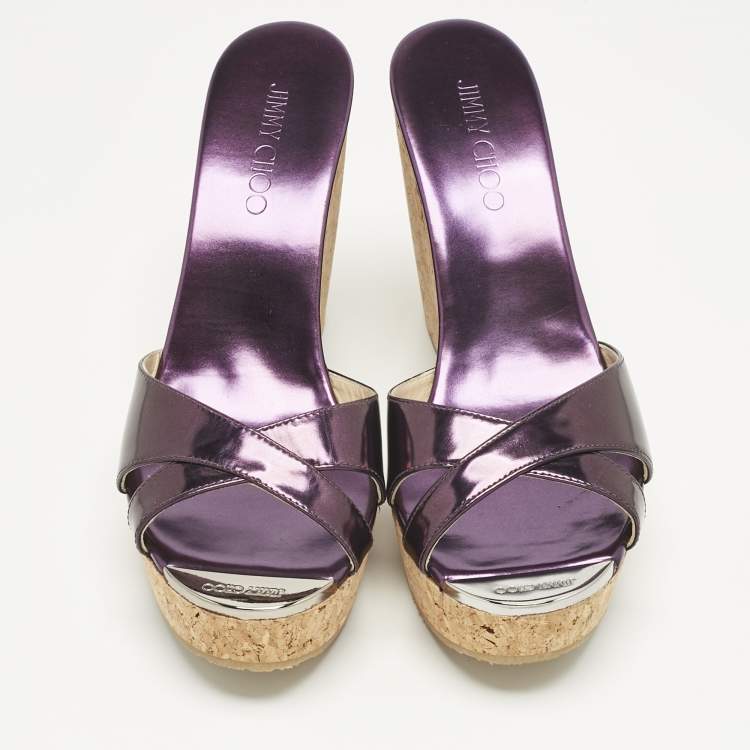 Pre Owned Jimmy Choo Metallic Purple Leather Perfume Wedge Sandals Size 40