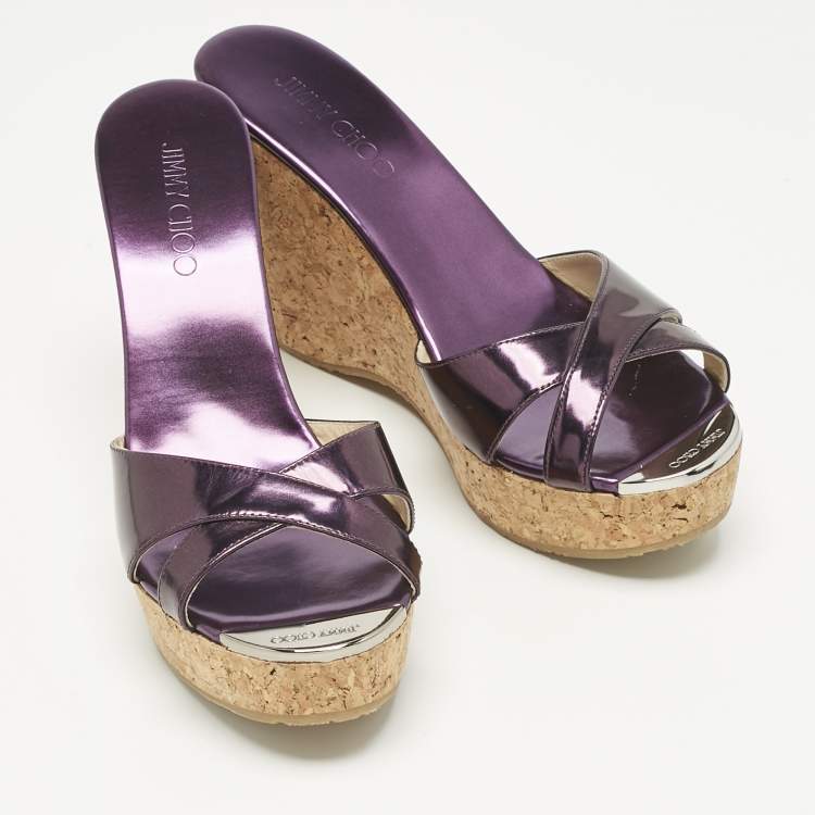 Pre Owned Jimmy Choo Metallic Purple Leather Perfume Wedge Sandals Size 40