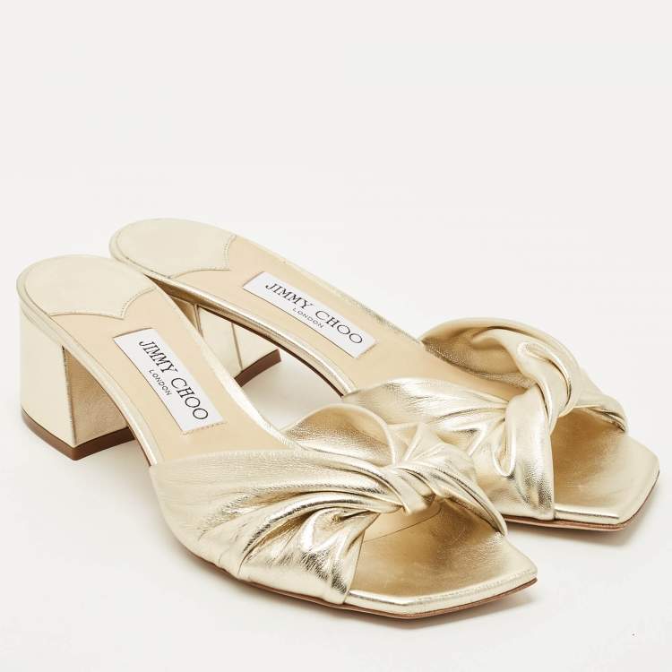 Pre Owned Jimmy Choo Gold Leather Avenue Slide Sandals Size 39.5