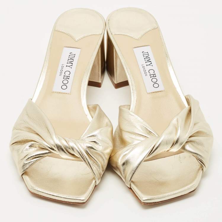 Pre Owned Jimmy Choo Gold Leather Avenue Slide Sandals Size 39.5