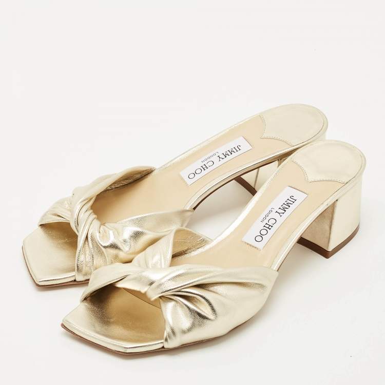 Pre Owned Jimmy Choo Gold Leather Avenue Slide Sandals Size 39.5