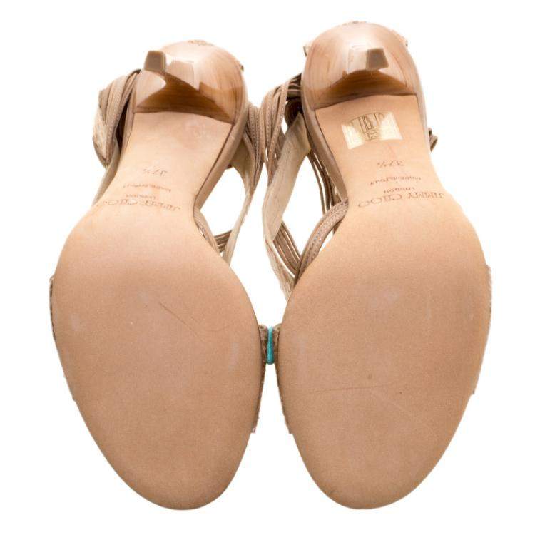 Pre Owned Jimmy Choo Beige Python Corsica Strappy Back Zip Sandals Size 37.5