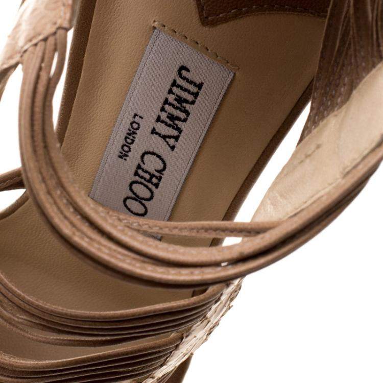 Pre Owned Jimmy Choo Beige Python Corsica Strappy Back Zip Sandals Size 37.5