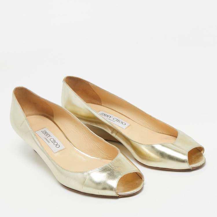 Pre Owned Jimmy Choo Metallic Gold Leather Baxen Wedge Peep Toe Pumps 39