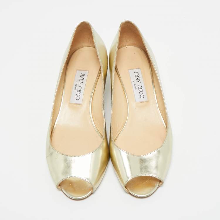 Pre Owned Jimmy Choo Metallic Gold Leather Baxen Wedge Peep Toe Pumps 39