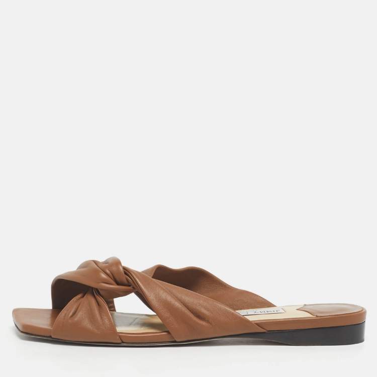 Pre Owned Jimmy Choo Brown Leather Crisscross Flat Slides Size 41