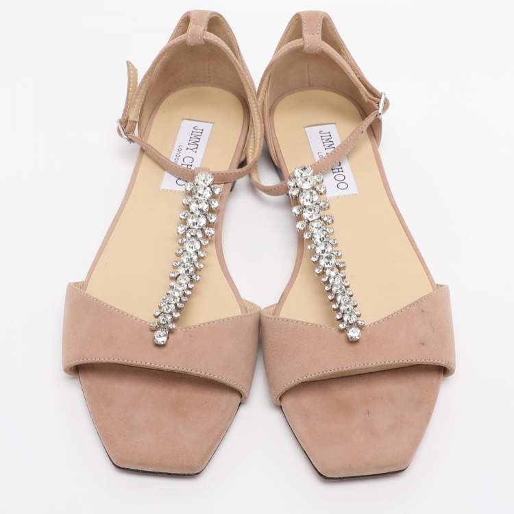 Pre Owned Jimmy Choo Beige Suede Bella Ankle Strap Flats Size 38.5