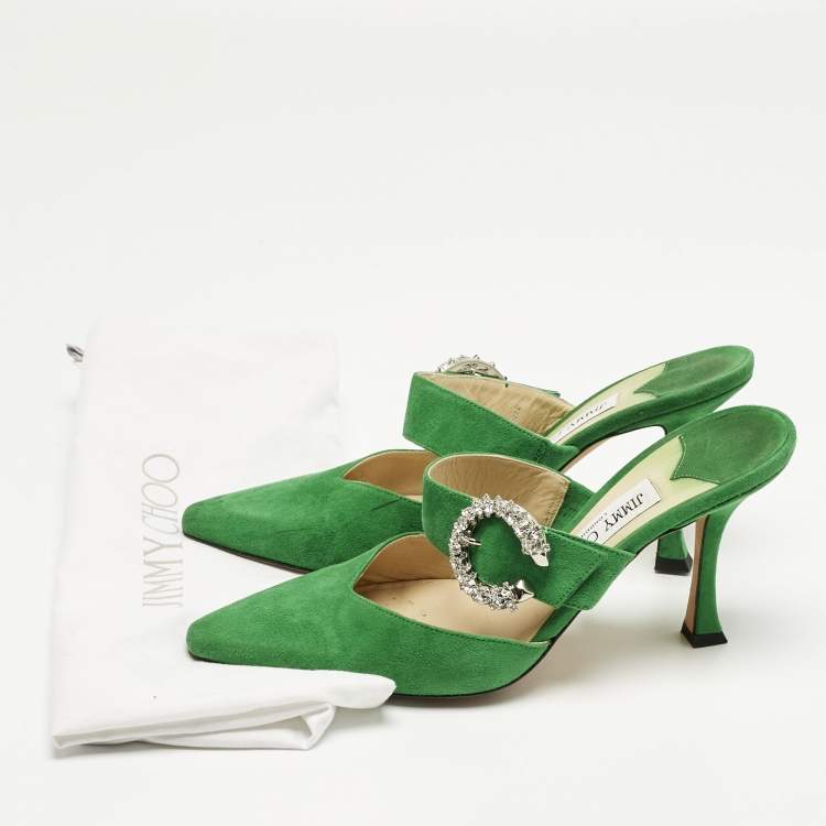 Pre Owned Jimmy Choo Green Suede Crystal Embellished Marta Mules Size 38