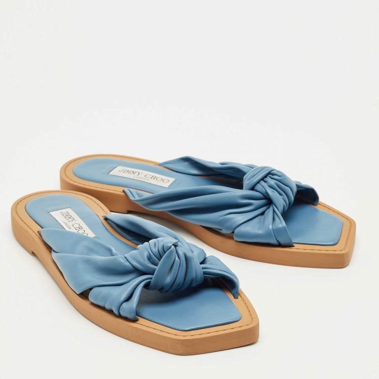 Pre Owned Jimmy Choo Blue Leather Bow Flat Slides Size 41