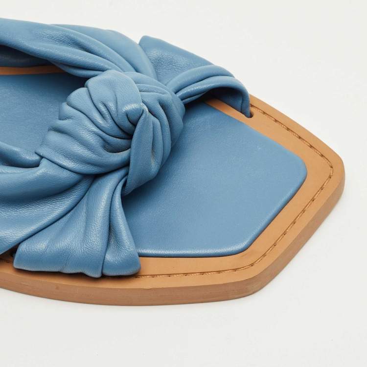 Pre Owned Jimmy Choo Blue Leather Bow Flat Slides Size 41