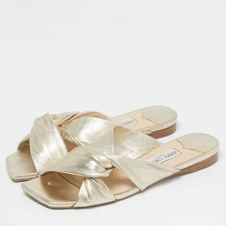Pre Owned Jimmy Choo Gold Leather knot Flat Slide Size 41