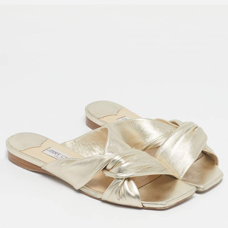 Pre Owned Jimmy Choo Gold Leather knot Flat Slide Size 41